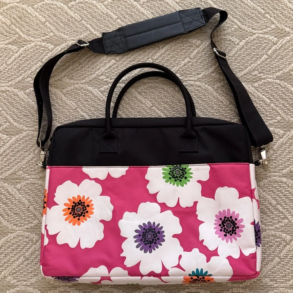 JACKIE Lap Top Case, Pink Floral, Crossbody, 54” strap, Padded Interior, Pockets